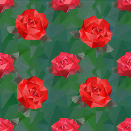 Repetitive design of red flowers made from geometric shape on green background.のイラスト素材