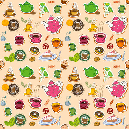 Cute retro coffee and tea seamless pattern with teapots.のイラスト素材