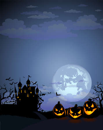Halloween background with Dracula castle, scary pumpkins, and various silhouettes of flying batsのイラスト素材