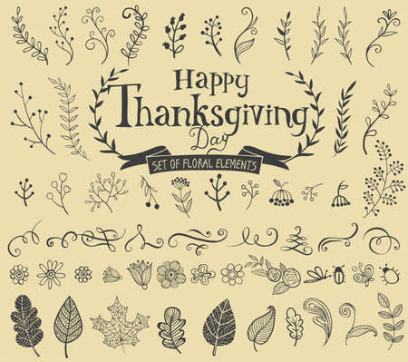 Thanksgiving design elements for poster or greeting card with holiday traditional symbols.のイラスト素材
