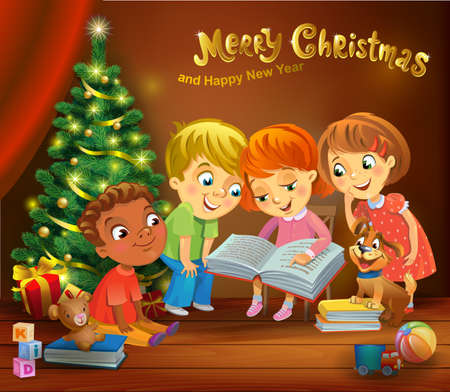 Kids reading the book beside a Christmas treeのイラスト素材