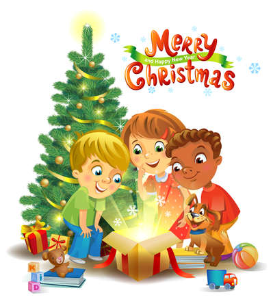 Christmas miracle - kids opening a magic gift beside a Christmas treeのイラスト素材