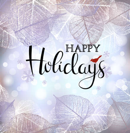 Festive winter background of bokeh lights with frame of hoarfrost leavesのイラスト素材