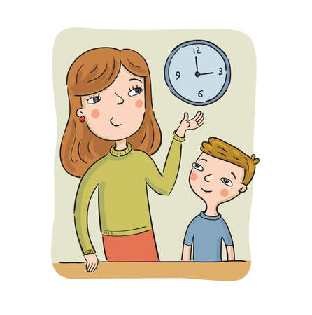 Mother teaches the son to learn the time showing on clocks, vector illustrationのイラスト素材