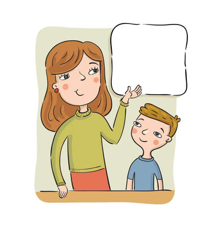 Mother or the teacher shows to the boy on the poster with information - empty space where is possible to place the text or the pictureのイラスト素材
