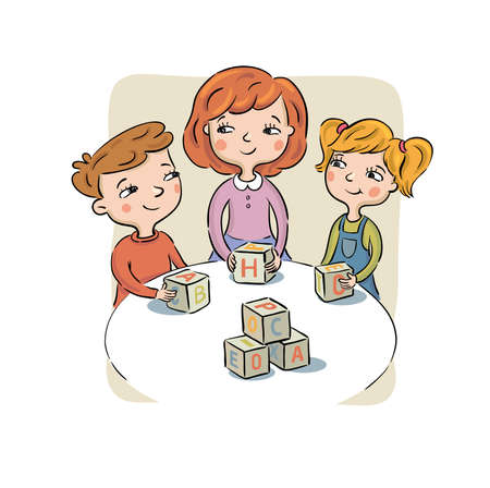 Children at a table play toy cubesのイラスト素材