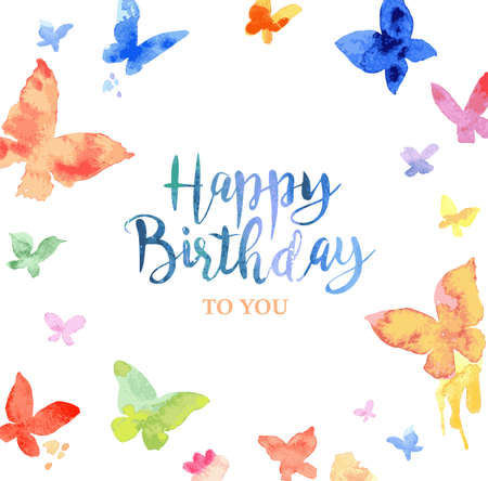 Birthday greeting card with watercolor butterflies, vector llustrationのイラスト素材
