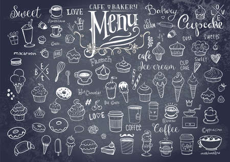 Drawings of various objects for cafes or bakeryのイラスト素材