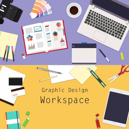 graphic designer work space vector design topviewのイラスト素材