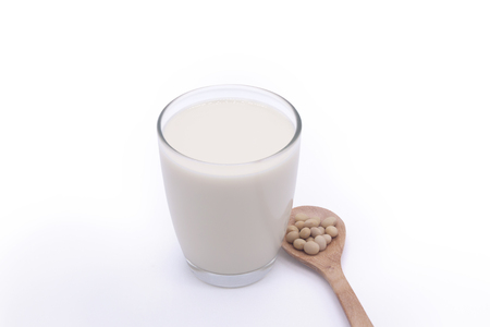 Glass soy milk soybean white backgroundの写真素材