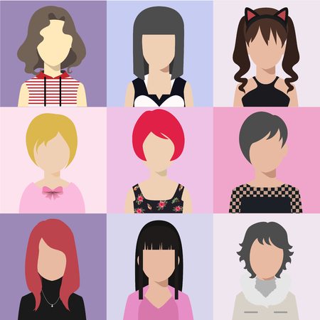 Avatar woman icon various hair style cute illustrations colorfullのイラスト素材