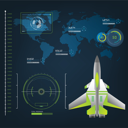 Spaceships aircraft with future sight action mode interface UI design graphic illustration setのイラスト素材