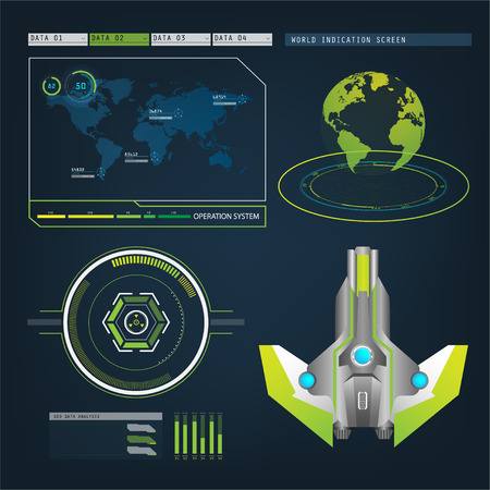 Spaceships aircraft with future sight action mode interface UI design graphic illustration setのイラスト素材