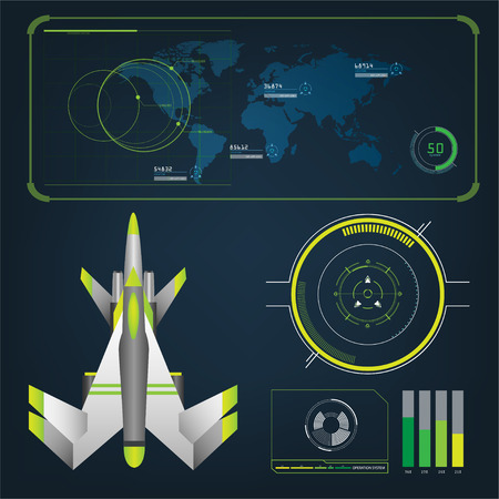Spaceships aircraft with future sight action mode interface UI design graphic illustration setのイラスト素材