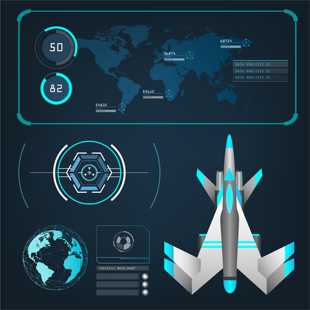 Spaceships aircraft with future sight action mode interface UI design graphic illustration setのイラスト素材