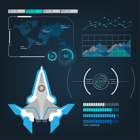 Spaceships aircraft with future sight action mode interface UI design graphic illustration setのイラスト素材