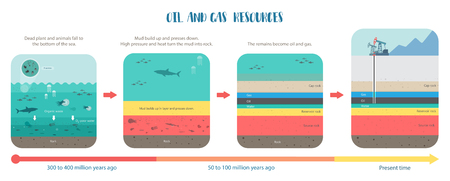 Horizontal Infographic illustration on how petroleum fossil fuel was formed oil and gas undergroundのイラスト素材