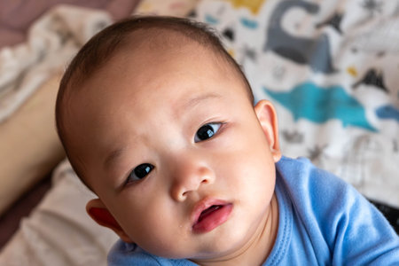 Cute asian baby boy looking at camera, closeup portraitの写真素材