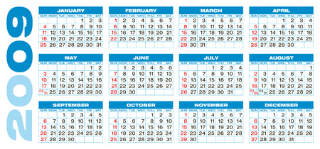 Calendar for 2009. Numbers within a grid. Horizontal designのイラスト素材