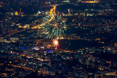 Bulgaria, Sofia, downtown at night with fireworks in summerの写真素材