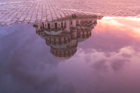 Reflection in water on Alexander Nevsky Cathedral in Sofia, Bulgariaの写真素材