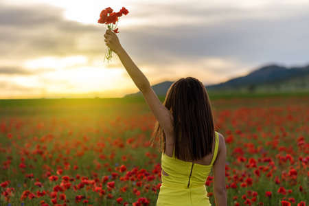 Woman in yellow dress standing in field of poppiesの写真素材