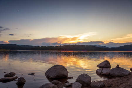 Lake sunrise / Beautiful sunrise view of Shiroka Polyana dam in Rhodopi Mountains, Bulgariaの写真素材