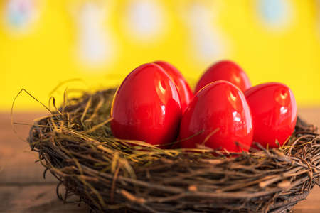 Happy easter decoration background, colorful eggs.の写真素材