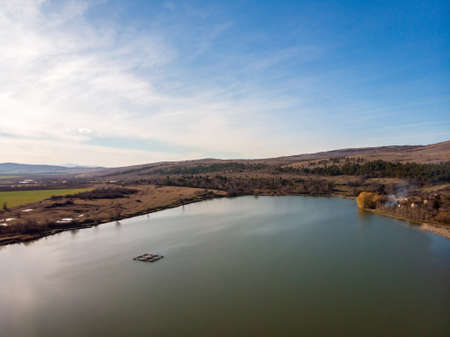 Fields, lake and forest near Sofia, Bulgaria region. View from above.の写真素材