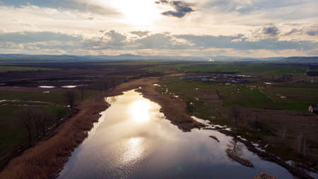Aerial view of a beautiful lake in Bulgaria at sunset.のeditorial素材
