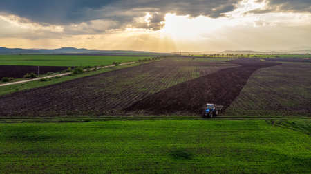 Aerial view of tractors working on the harvest field.の写真素材