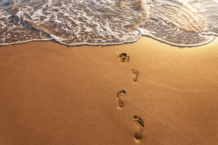 Beach, wave and footsteps at sunset time in summer.