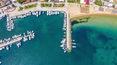 Aerial view of harbor of boats in Kavala, Greece.