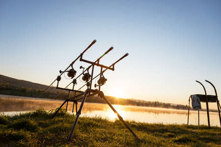 Fishing adventures, carp fishing.  Camping on the shore of the lake.の写真素材