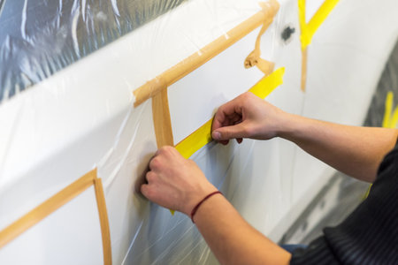 Auto body repair series. Masking car before repaint.