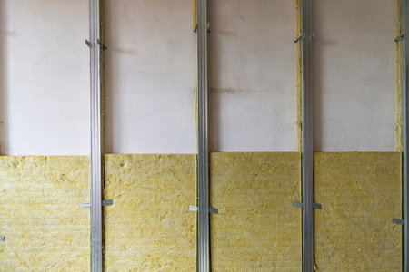 Interior repair and renovation. Metal profiles, fasteners, stone wool insulation and plasterboard sheetsの写真素材