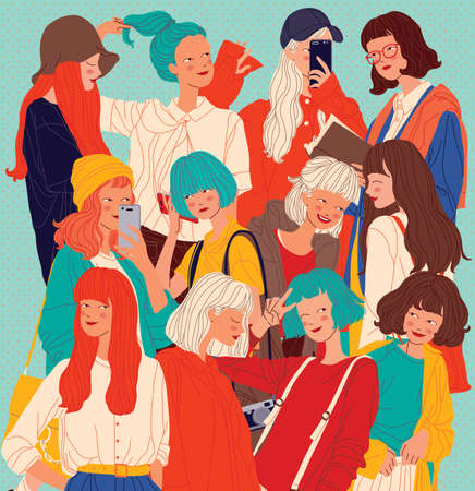 Diverse women faces background, women different style vector illustrationのイラスト素材
