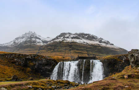 Landscape view of Hraunfossar, Lava Falls, with high river stream, Icelandの写真素材