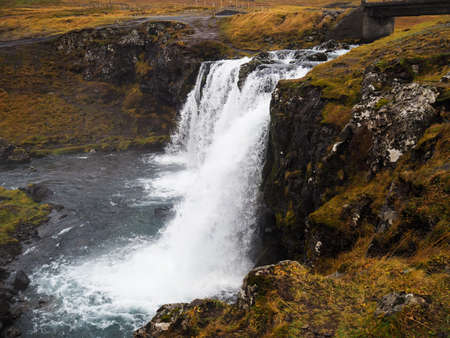 Landscape view of Hraunfossar, Lava Falls, with high river stream, Icelandの写真素材