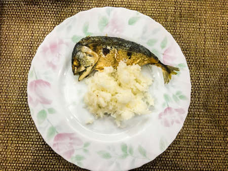 Steam rice with a fried mackerel fish in a floral plate.の写真素材