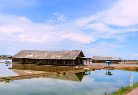 Storage of salt at salt field, with blue sky background.のeditorial素材