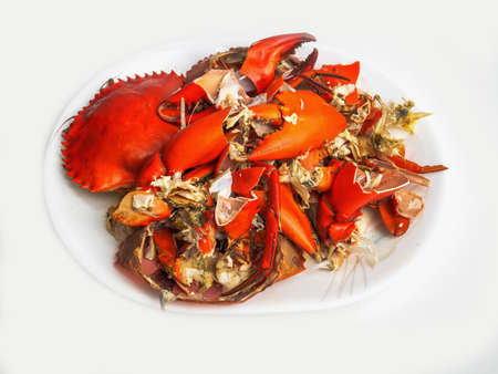 Steamed mud crab in a white plate, isolated on white background.の写真素材