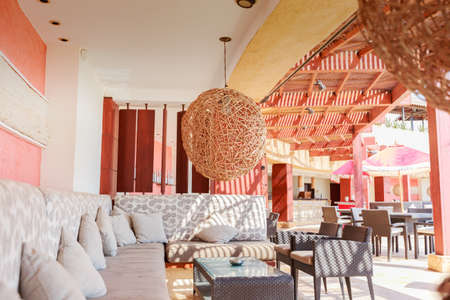 Cozy interior of beach bar in luxury hotel resort, Dead Sea, Jordan.のeditorial素材