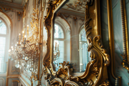 A gold framed mirror with a gold frame. The mirror is in a room with a chandelierの素材