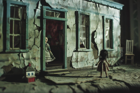 A dollhouse with a doll standing outside the door. The dollhouse is in a dilapidated state, with broken windows and a crumbling exterior. Scene is eerie and unsettlingの素材
