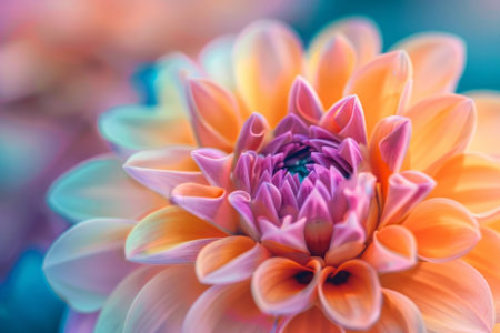 A close up of a flower with a pink center and orange petals. The flower is surrounded by a blue backgroundの素材