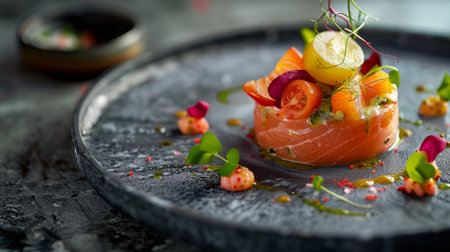 A plate of food with a salmon on top and a garnish of parsley. The plate is black and the salmon is redの素材