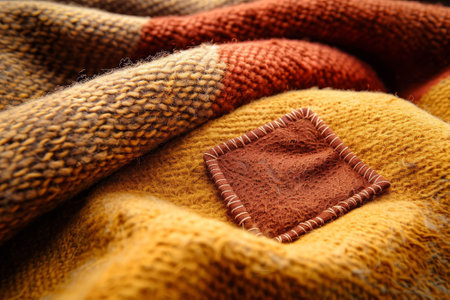 A patch of yellow and brown fabric with a brown tag on it. The patch is sewn onto the fabricの素材