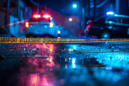 A police tape is on the ground in front of a car. The tape is yellow and has the word "immenent" on itの素材