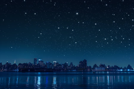 A city skyline is reflected in the water, with the stars shining brightly in the background. Concept of calm and serenity, as the city lights twinkle in the distanceの素材